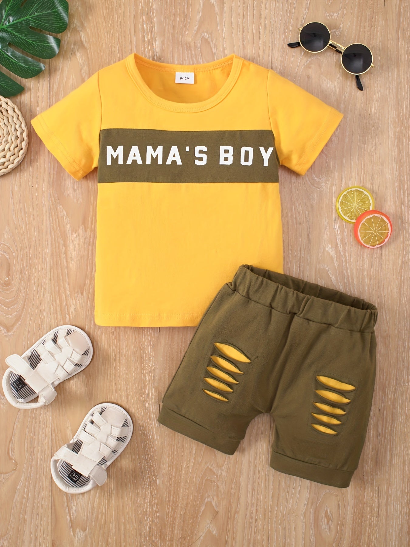 Cotton 'MAMA'S BOY' T-shirt Top + Ripped Shorts 2pcs Set for Baby Boys