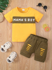 Cotton 'MAMA'S BOY' T-shirt Top + Ripped Shorts 2pcs Set for Baby Boys