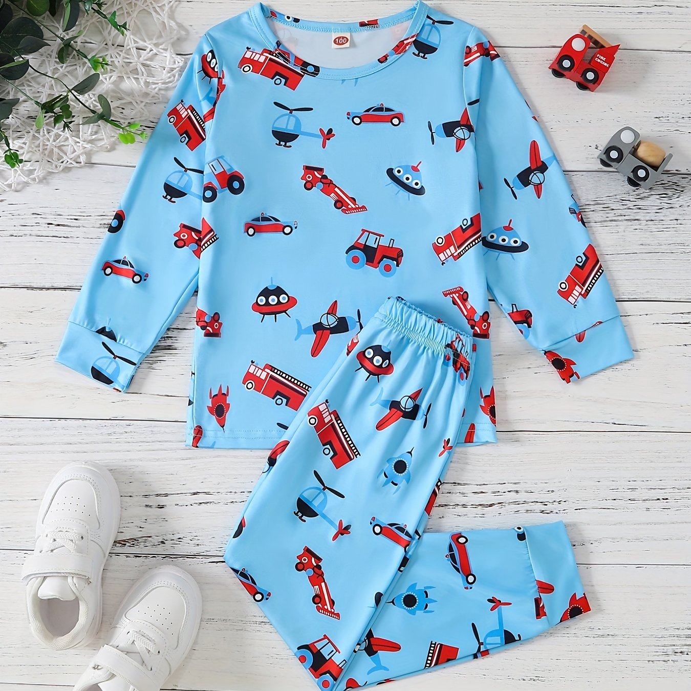 2pcs Vehicle Pattern Toddler Kid's Pajamas Set Boy's Loungewear