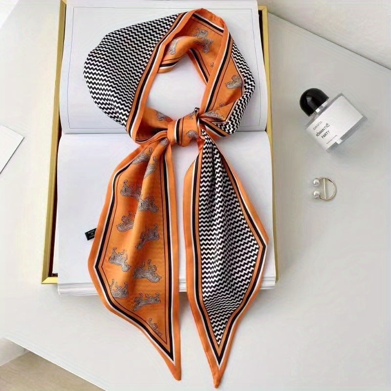 Thin Ribbon Scarf Angled Long Neckerchief Classic Print Hair Tie Band