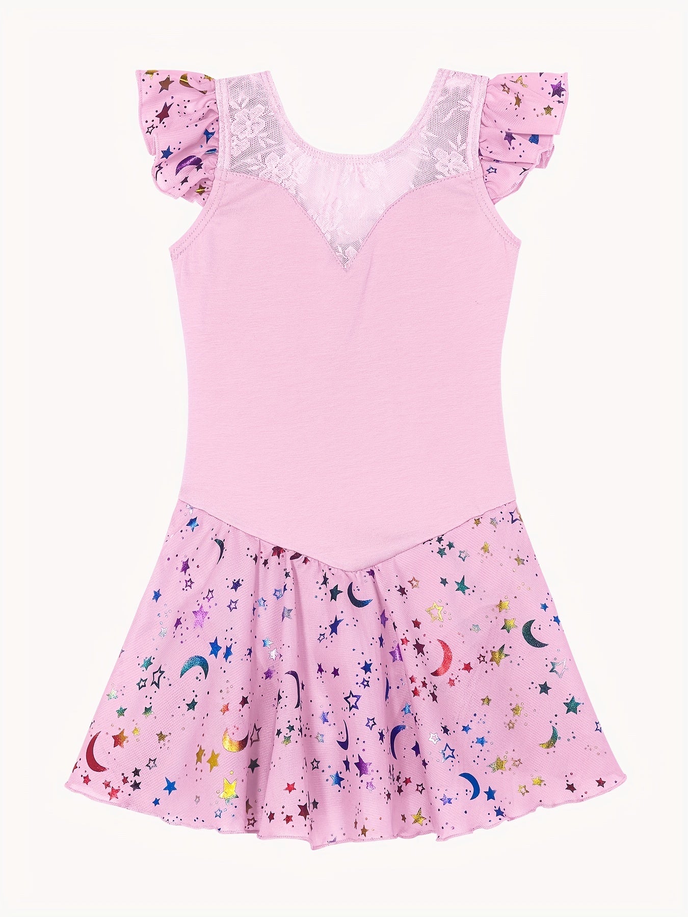 Girls Star Graphic High Stretch Ruffled Sleeve Ballet Dance Dress