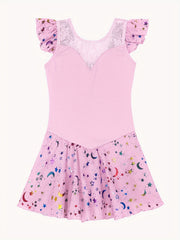 Girls Star Graphic High Stretch Ruffled Sleeve Ballet Dance Dress
