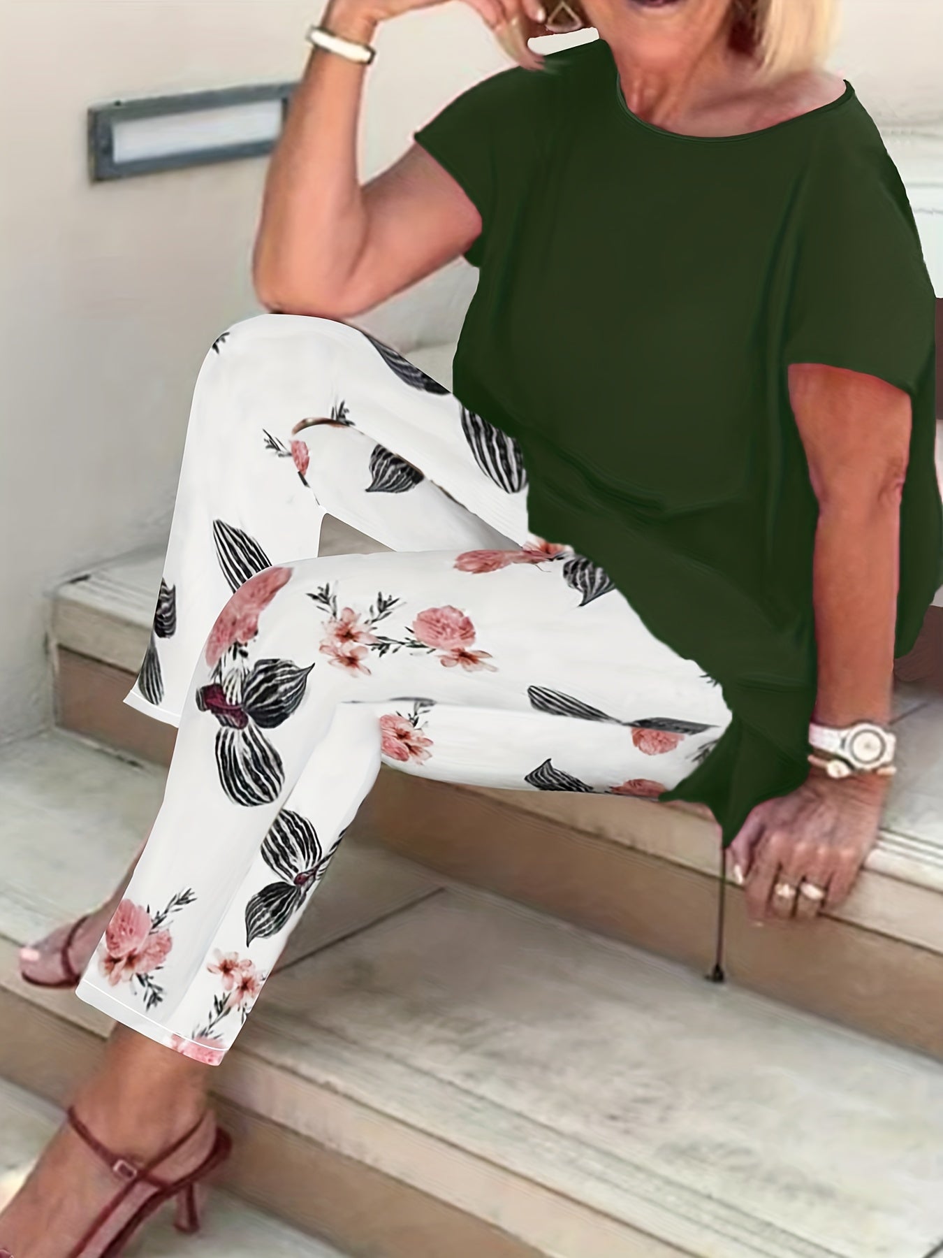 Casual Outfit Set Solid Top & Floral Print Pants