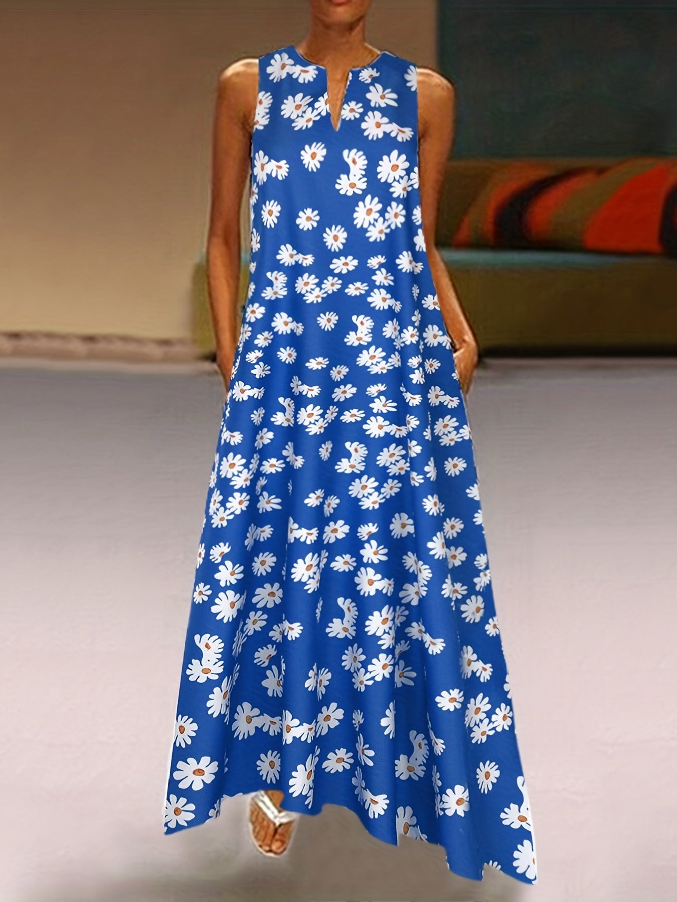 Floral Notched Neck Dress Boho Sleeveless Dress Spring Summer Clothing