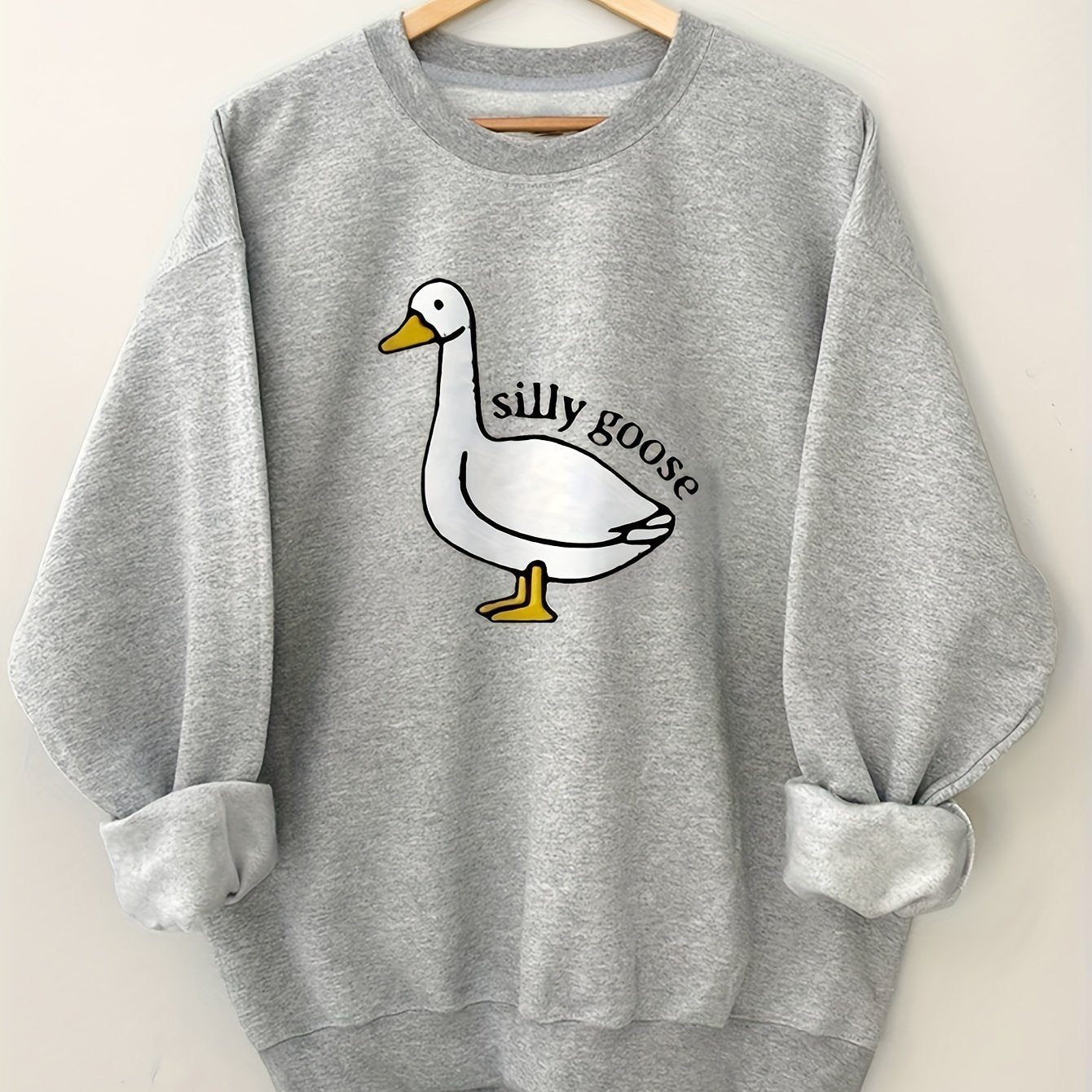 Silly Goose Print Pullover Sweatshirt Crew Neck for Spring & Fall