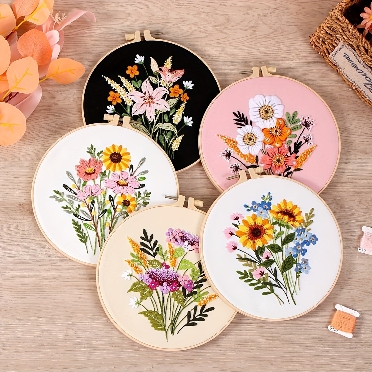 Adult Embroidery Starter Kit: Flower Patterns, Hoop, Thread, Needles