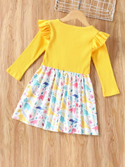 Toddler Kids Floral Print Bowknot Dress Long Sleeves Fall Dress For Girls