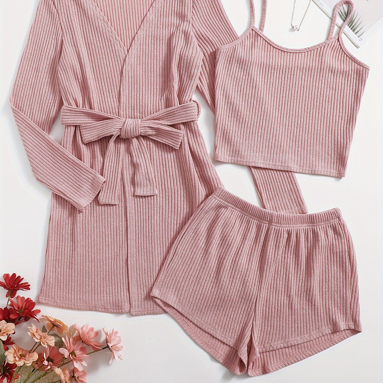 Women's Pajama Set Long Sleeve Robe & Cami Top & Shorts