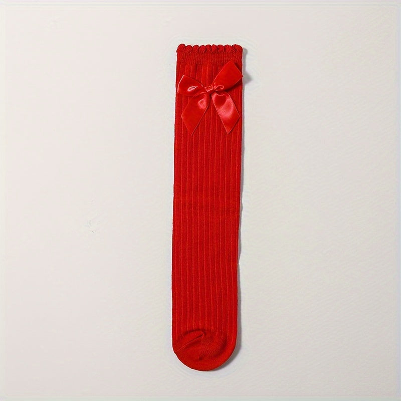 Girl's Bowknot Striped Knee High Socks Comfy Long Stockings