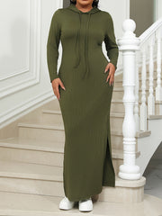 Plus Size Ribbed Hooded Long Sleeve Midi Dress