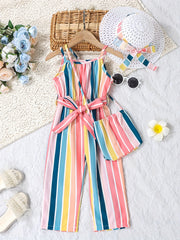 Toddler Girls Striped Belted Cami Romper Set with Hat for Beach Vacation