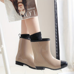 Women's Colorblock Rain Boots Waterproof Slip-on Mid Calf Boots