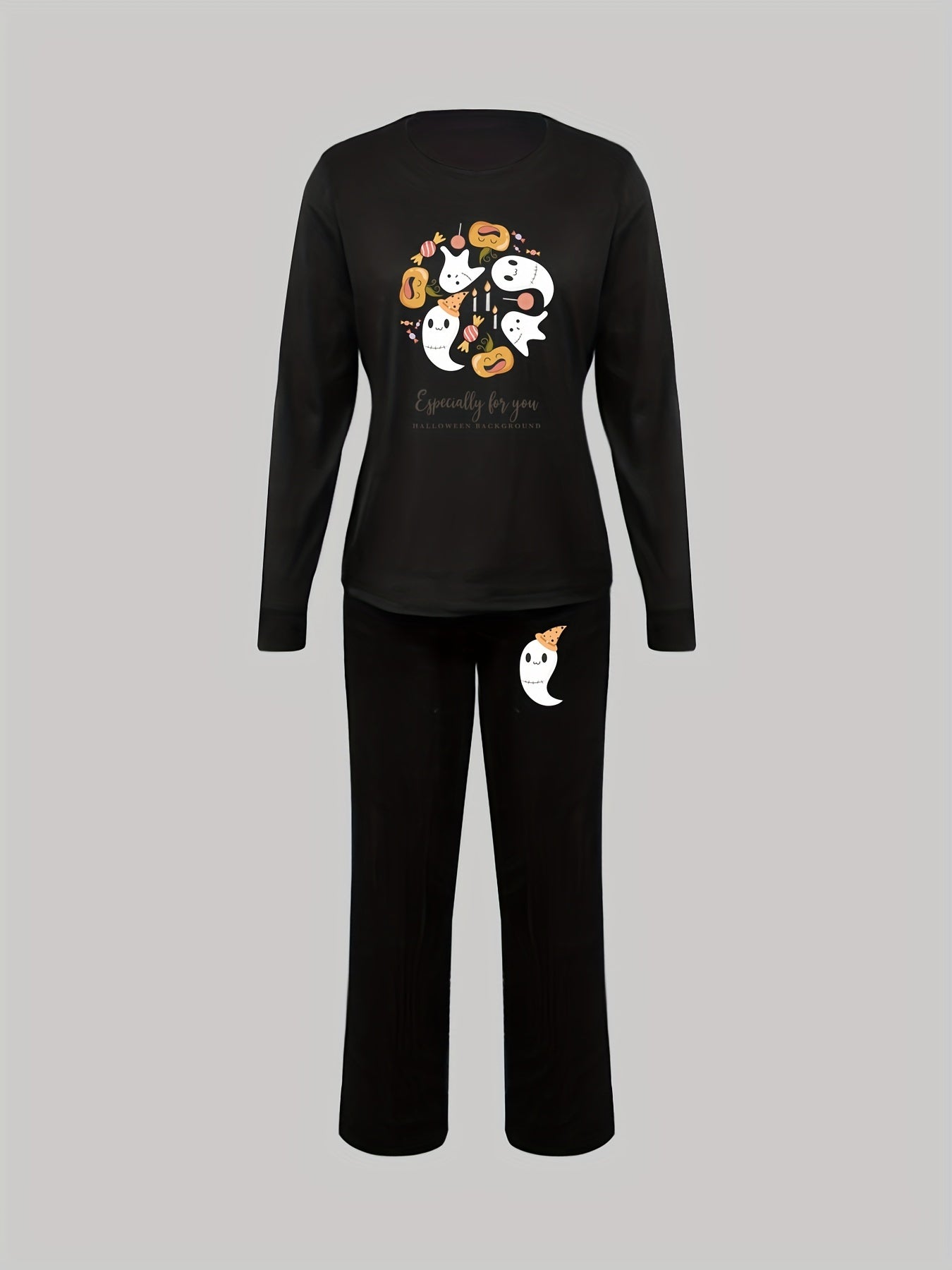 Ghost Print Lounge Set Long Sleeve Top & Pants Women's Loungewear