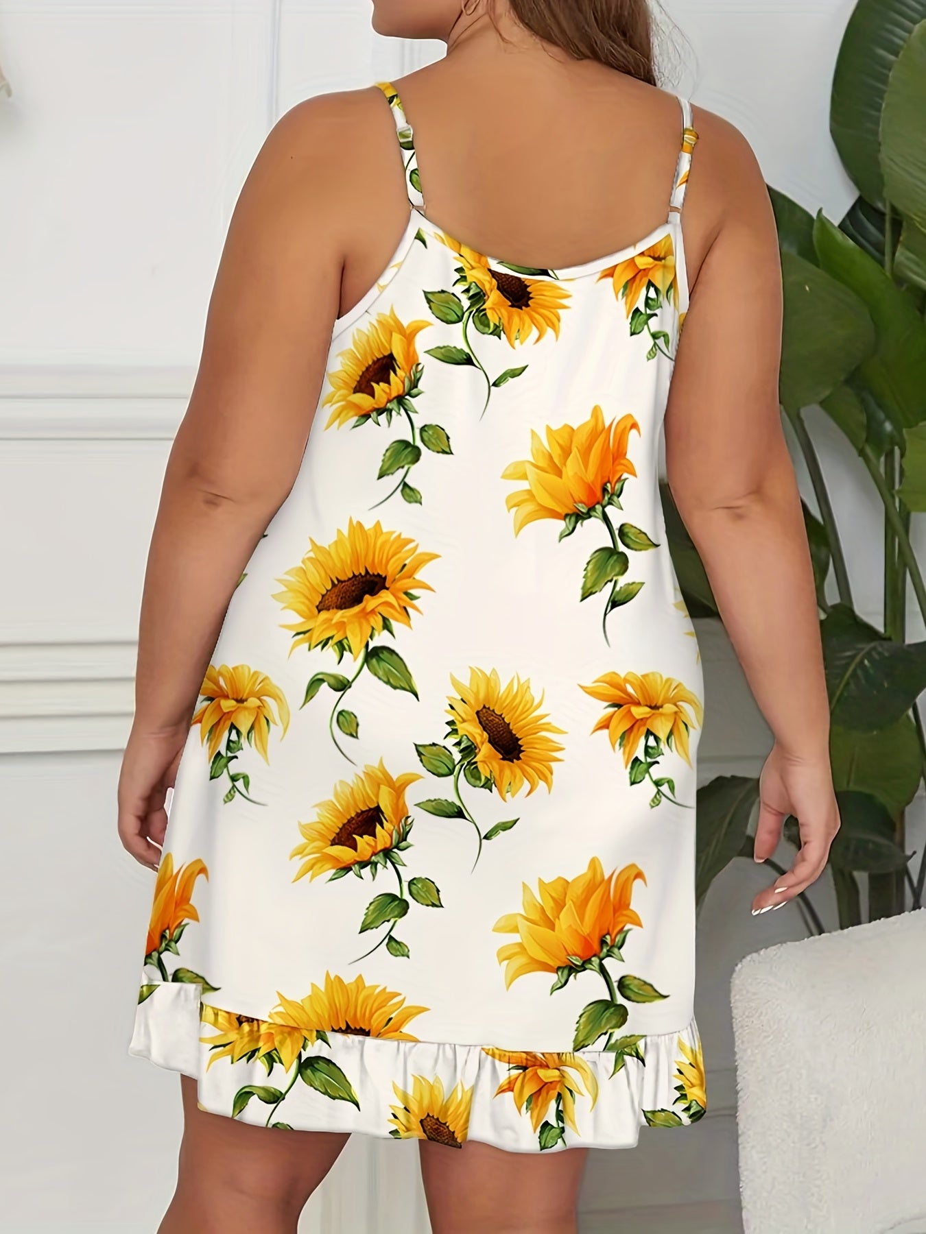 Sunflower Print Ruffle Trim Cami Sleep Dress