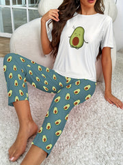 Avocado Print Pajamas Set Short Sleeve Crew Neck Top & Pants