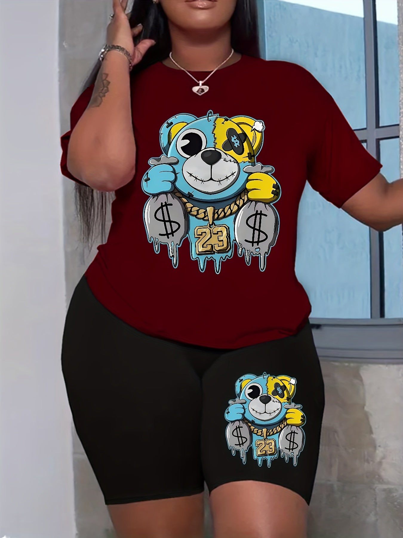 Bear Print Matching Two piece Set Casual Short Sleeve T shirt & Skinny Shorts