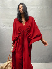 Boho V Neck Cover Up Drawstring Loose Fit Rash Guard Shirt