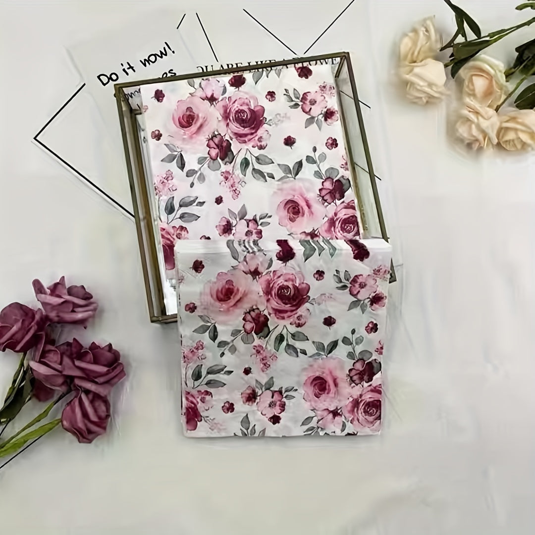 20 Pack Disposable Red Rose Print Napkins, Soft & Absorbent