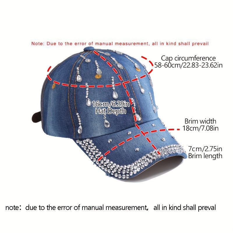 Distressed Denim Rhinestone Baseball Cap Adjustable Sun Hat