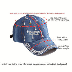 Distressed Denim Rhinestone Baseball Cap Adjustable Sun Hat