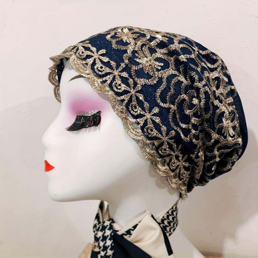 Vintage Embroidered Lace Turban Cap Double Layer Head Wrap