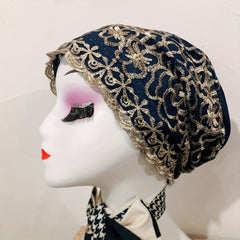 Vintage Embroidered Lace Turban Cap Double Layer Head Wrap