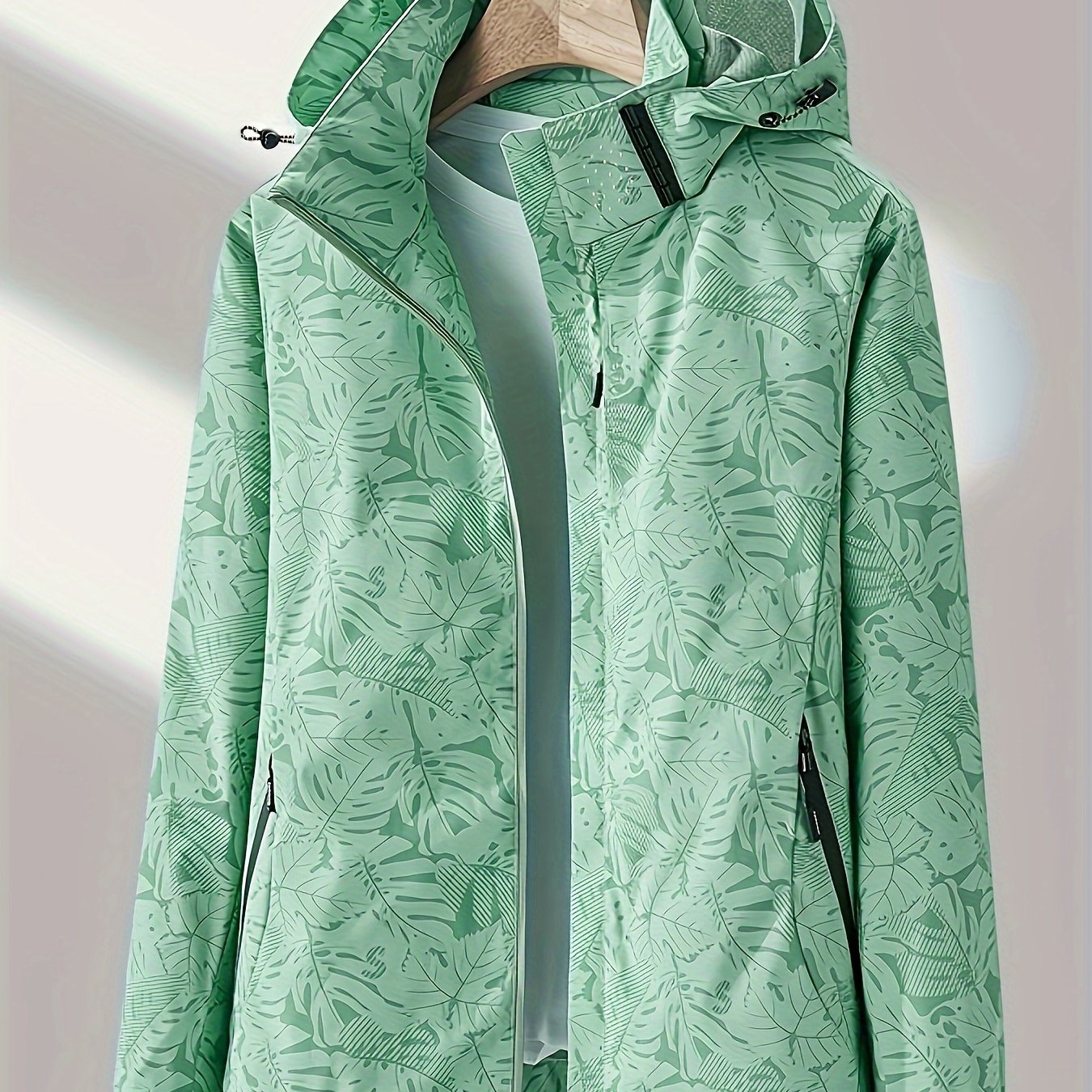 Leaf Print Outdoor Jacket With Removable Hood Women's Windproof