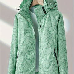 Leaf Print Outdoor Jacket With Removable Hood Women's Windproof