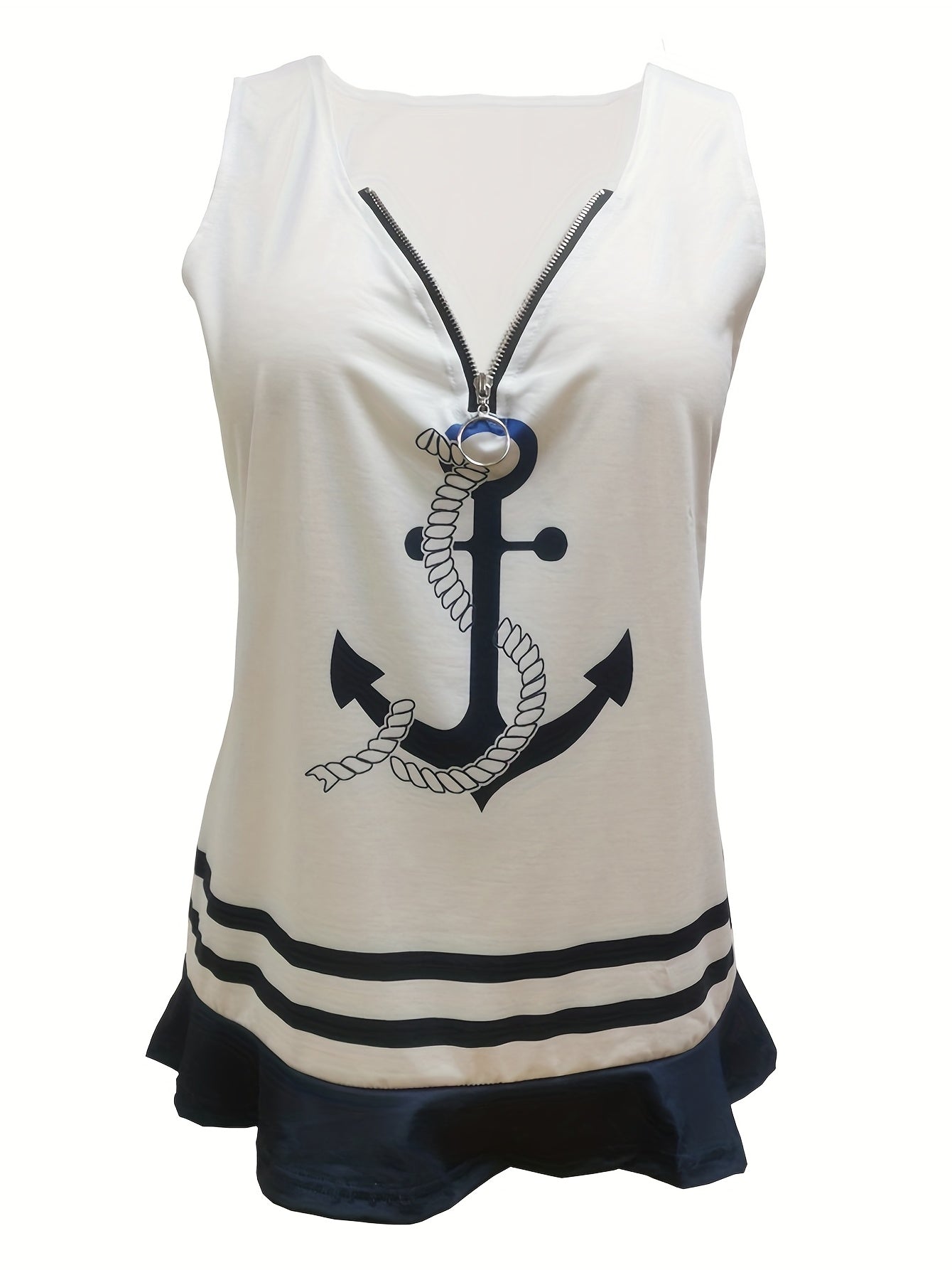 Anchor & Stripe Print Ruffle Trim Zip Up Tank Top