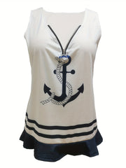 Anchor & Stripe Print Ruffle Trim Zip Up Tank Top