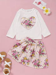 Girl's Heart Embroidered Half Skirt Cotton Suit
