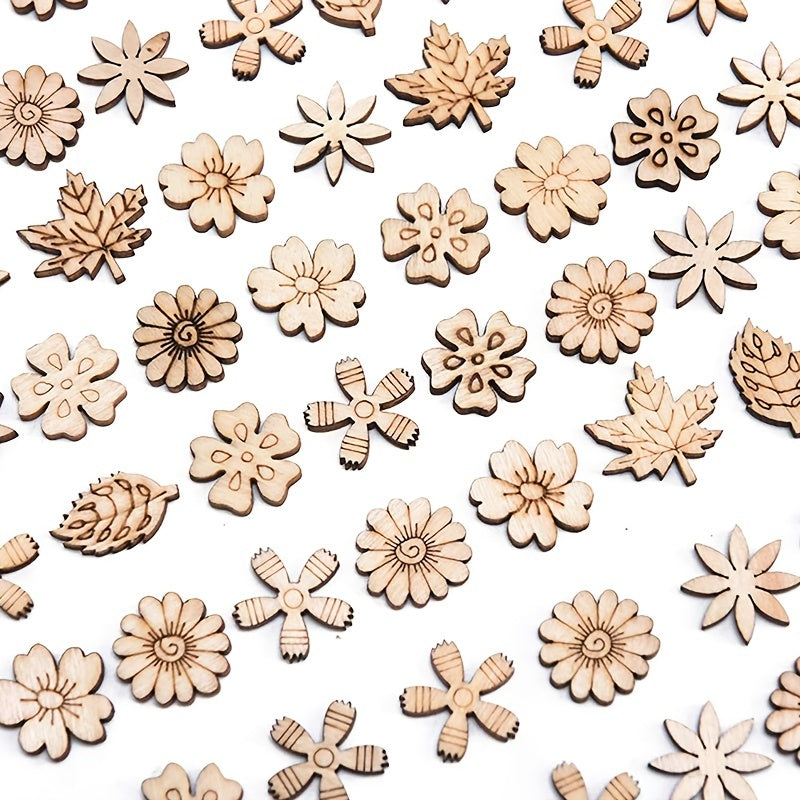 50pcs Mixed Flower Leaf Pattern Wooden Scrapbook DIY Crafts