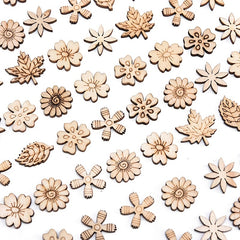 50pcs Mixed Flower Leaf Pattern Wooden Scrapbook DIY Crafts