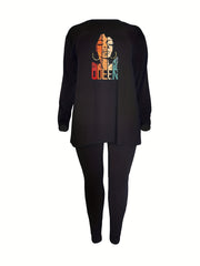 Women's Cartoon Print Long Sleeve Tunic Top & Leggings Outfit Set
