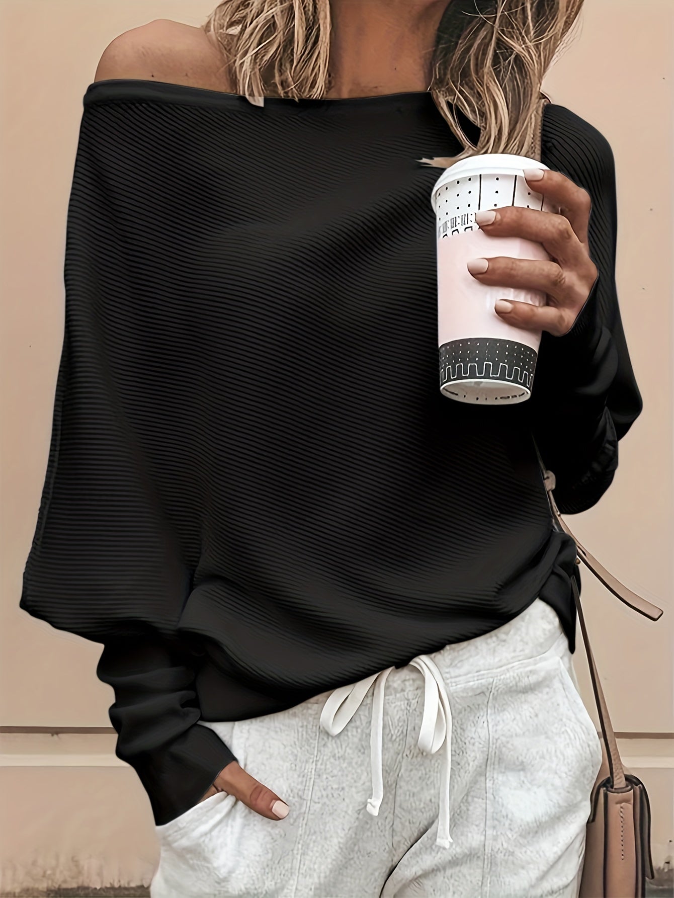 Off Shoulder Pullover Sweater Long Batwing Sleeve for Spring/Fall