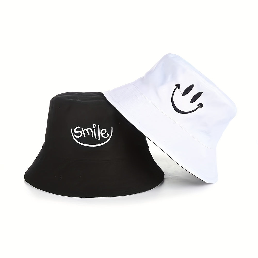 Smiling Face Embroidery Bucket Hat Reversible UV Protection Sun Hat