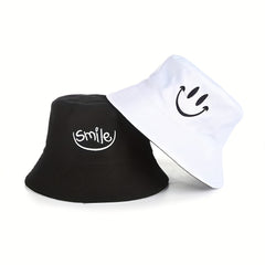 Smiling Face Embroidery Bucket Hat Reversible UV Protection Sun Hat