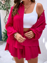 Solid Button Up Blouse & Shorts Set