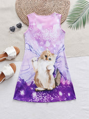 Cat Graphic Sleeveless Summer Dress for Girls