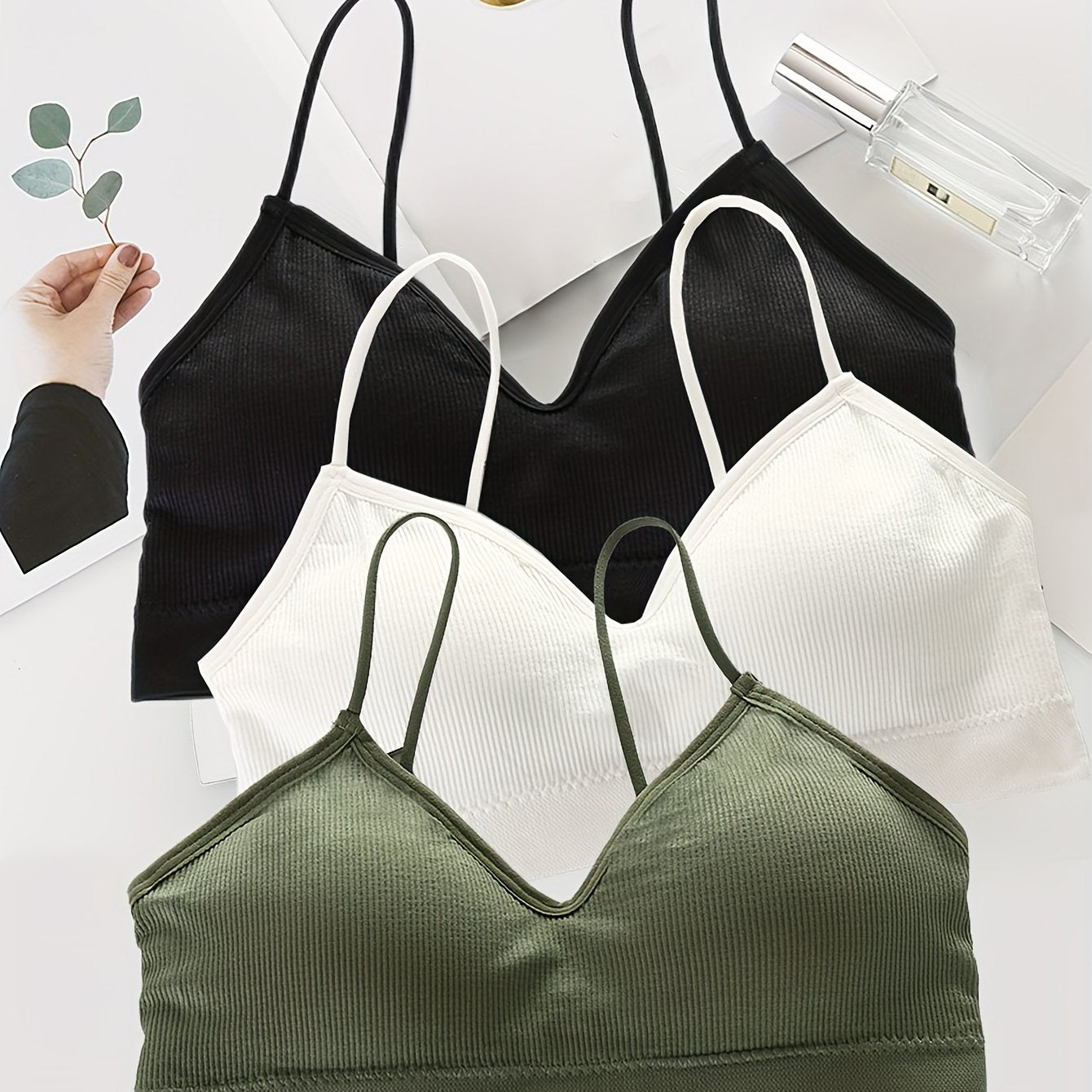 3pcs Solid Ribbed Cami Tops V Neck Comfy Women's Lingerie
