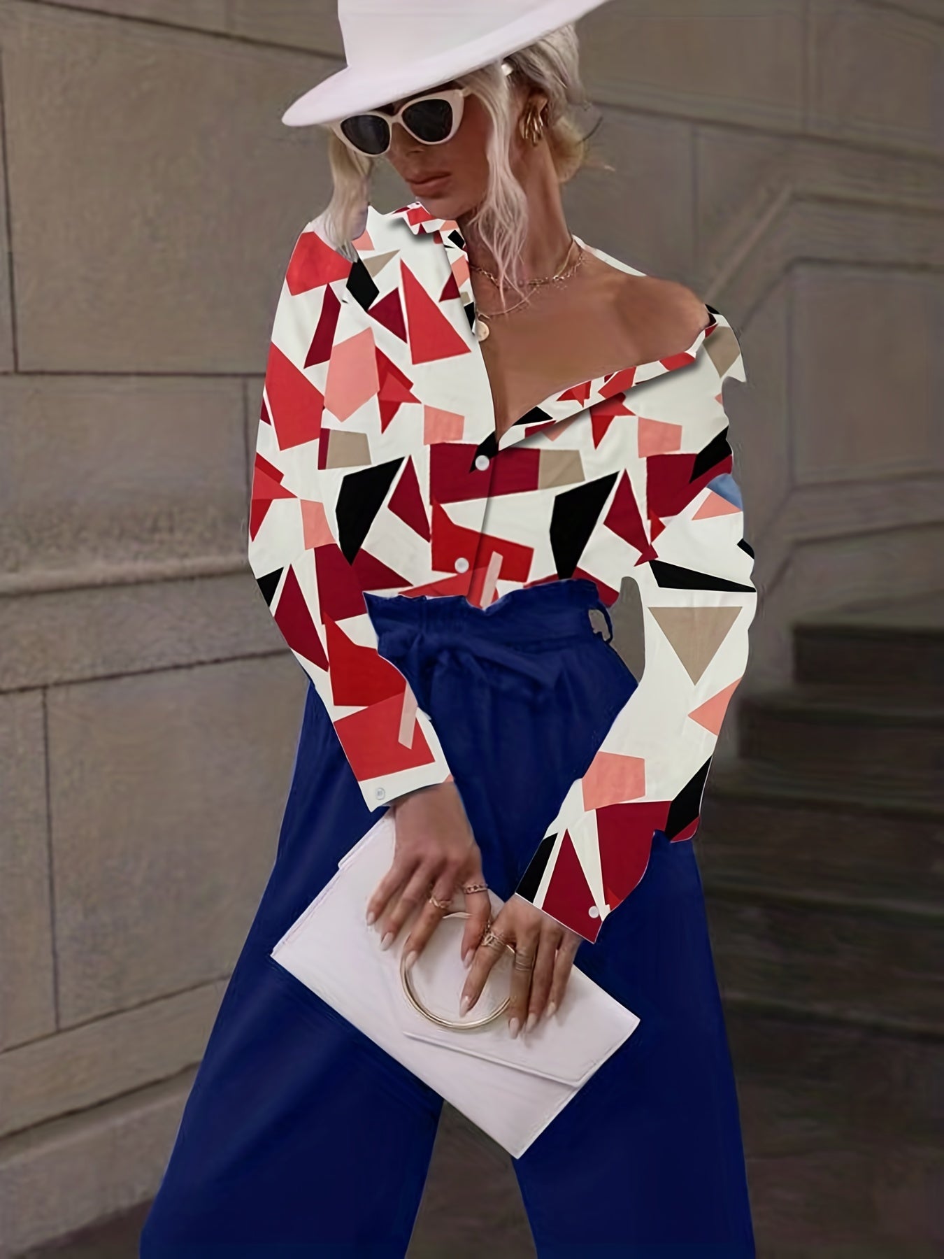 Geo Print Button Shirt & Wide Leg Pants Set