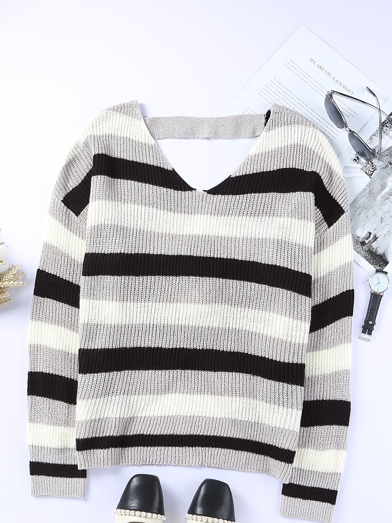 Striped Sweater Women's Long Sleeve Casual Boat Neck Sweater