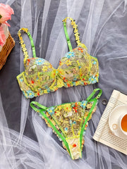 Floral Embroidery Lingerie Set Mesh Unlined Bra & Sheer Panties