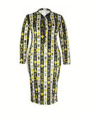Stripe Print Half Zipper V Neck Bodycon Maxi Dress