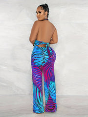 Tropical Print Halter Neck Jumpsuit Backless Wide Leg