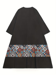 Geometric Print Long Sleeve V Neck Dress