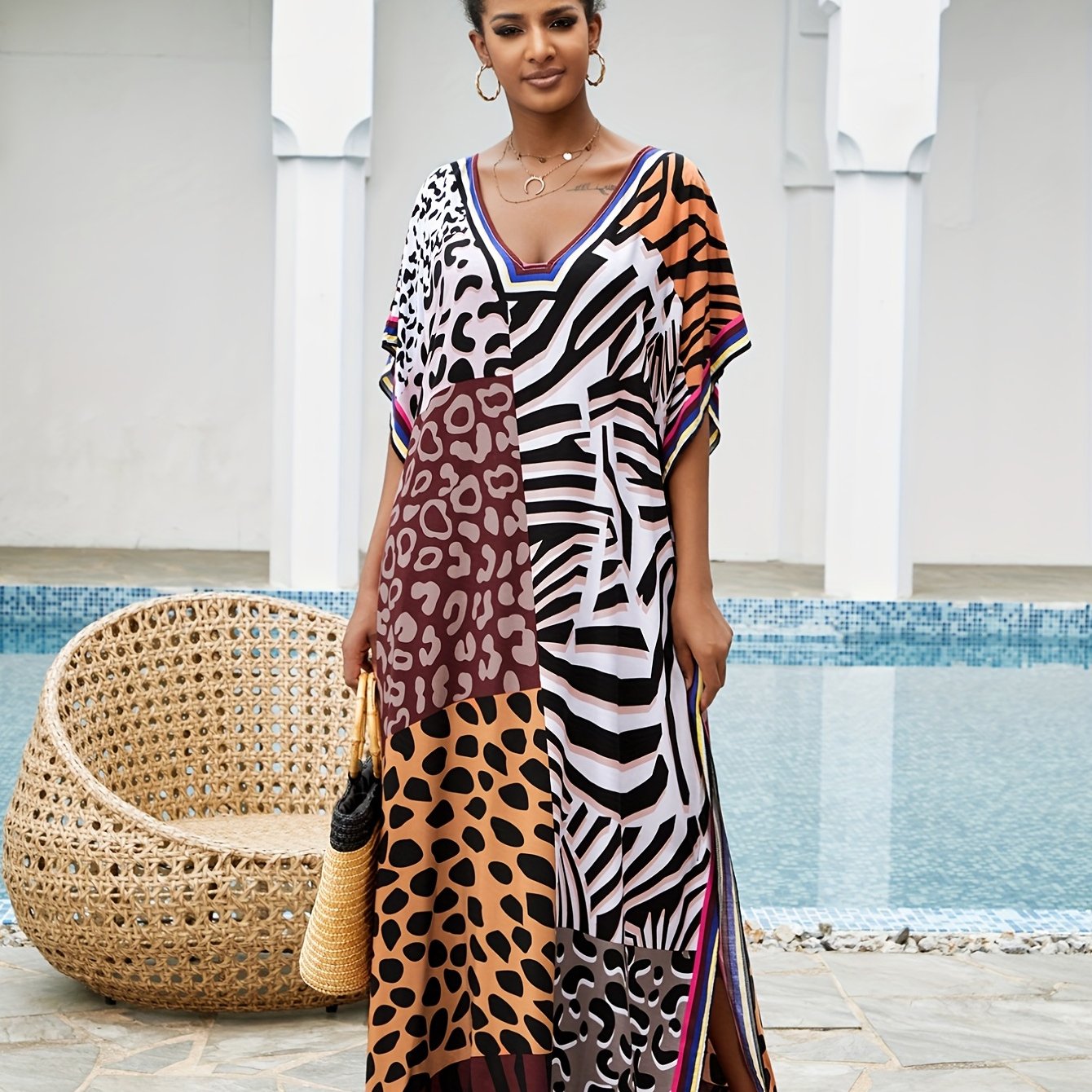 Boho Cover Up Women's Plus Leopard Print V Neck Split Dress