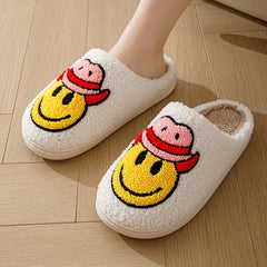 Women's Smile Face Printed Slippers Slip On Round Toe Non slip Home Fluffy Flat