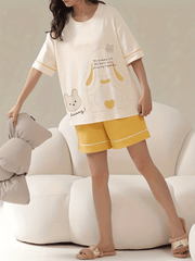 Bunny Print Pajamas Set Crew Neck Top And Shorts Pj Set Women's Sleepwear