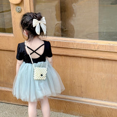Girls Faux Pearl Bag Fan Shape Handbag Beaded Princess Bag
